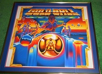 Image # 62298: Gold Ball Original Backglass Artwork 
(Artist is Tony Ramunni.Watercolor on posterboard.Dimensions 26 by 29 inches.Metal frame is 30 by 33 inches.This is the painting from which all of the backglasses for the game were produced. This painting has been professionally double matted and framed; the inner matte is red and the outer matte is blue.)