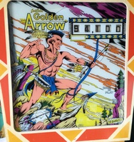 Image # 65297: Golden Arrow Sample Game - Backglass 
(The red areas of this backglass have faded to white. Serial number 01002S.)