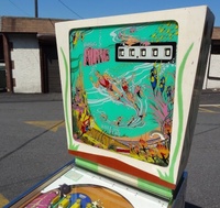 Image # 53796: Atlantis Early Production Backglass 
(The green lines on the backbox front appear to have been repainted. Serial number 01110.)