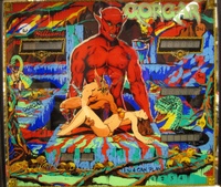 Image # 43262: Gorgar Backglass 
(First and fourth player's score displays are not original to this game.)