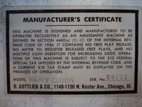 Image # 50275: Happy Clown Manufacturer's Certificate 
(Serial number 08505.)