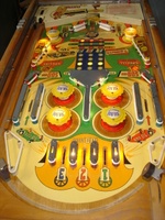 Image # 40005: Auto Race Playfield - Downfield View 
(The red pop bumpers platters shown in this game are not the original color used by the manufacturer..)
