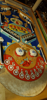 Image # 73383: Happy-Go-Lucky Playfield - Downfield View 
(The pop bumpers, blue apron, and insert numbering are reproductions. This image is included to show the four upper playfield slingshots in relation to the pop bumpers.)
