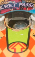 Image # 59175: Haunted House Ball in Secret Passage 
(The hinged standup target has been pushed down by the force of the ball. The ball then rolls off of it, allowing it to return to its upright position. For this picture, the ball is prevented from rolling down.)