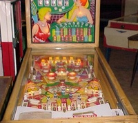 Image # 9549: Hi Straight Cabinet - Front View 
(The five blue posts in the lower playfield and the two red posts above them are not original to this game. The outside left and right outlanes each had its original red post moved over slightly and a white post added in its vacated space.)