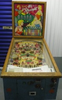Image # 43573: Hi Straight Cabinet - Front View 
(The four red posts between the flippers are not original to this game. Two of the four yellow outlane ball guides (and a post for each) are missing from this game.)