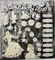 Image # 80312: Hit Parade Backglass - Reverse 
(Most paint has peeled. This glass is resting on a gray background.)