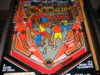 Image # 38900: Hoops Lower Playfield 
(The red and blue rubber post sleeves are not original to this game. Factory sleeves are black.)