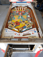 Image # 83728: Hootenanny Playfield 
(The factory mushroom bumper was replaced on this game with a rollover button. The coin door and legs have been repainted. Serial number H 1759.)
