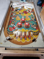 Image # 83729: Hootenanny Playfield - Downfield View 
(The factory mushroom bumper was replaced on this game with a rollover button. The coin door and legs have been repainted. Serial number H 1759.)