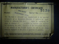 Image # 46466: Baby Pac-Man Manufacturer's Certificate 
(Serial number 9130.)