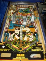 Image # 32861: Jungle Lord Playfield - Plastics Removed 
(The horizontal plastic shields have been removed to show the post positions and rubber ring placement.)