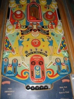 Image # 44168: Lulu Playfield 
(The '1' insert above the left flipper is not original to this game. The paper apron at playfield bottom is a reproduction.)