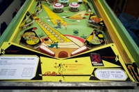 Image # 18033: Bally Hoo Lower German Playfield 
(The bumper caps on this game are incorrect. The original caps had no printing on them.)