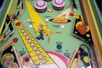 Image # 18034: Bally Hoo Center German Playfield 
(The bumper caps on this game are incorrect. The original caps had no printing on them.)
