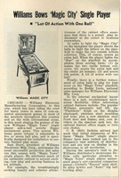 Image # 41124: Magic City Cash Box Ad 
(Cash Box, Jan-28-1967, page 73. This article introduces 'Magic Town' but mistakenly shows a picture of 'Magic City' and reverses the two names in the second column when talking about the backglass and the playfield.)