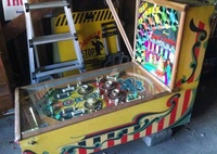 Image # 61253: Band Leader Cabinet - Right 
(The five posts below the pop bumpers incorrectly share a single rubber ring. Two of the white posts have been moved from their original factory positions. The six metal post spacers are missing from this playfield.)
