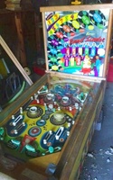 Image # 61254: Band Leader Cabinet - Front View 
(The five posts below the pop bumpers incorrectly share a single rubber ring. Two of the white posts have been moved from their original factory positions. The six metal post spacers are missing from this playfield.)