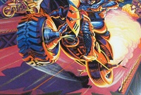 Image # 71172: Motordome Original Backglass Artwork - Detail 
(Artist is Tony Ramunni. Watercolor on posterboard.Dimensions 26 inches by 24 inches. Metal frame is 29 by 31 inches.)