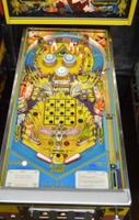 Image # 62280: Mystic Early Production Playfield 
(The center blue drop target and the small black start button to the left of the coin door are not original to this game. We do not know why the lower pop bumper cap art is a different style. Serial number EMY 1003.)