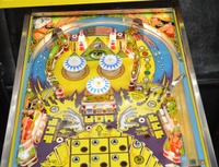 Image # 62281: Mystic Early Production Upper Playfield 
(The center blue drop target is not original to this game. We do not know why the lower pop bumper cap art is a different style. Serial number EMY 1003.)