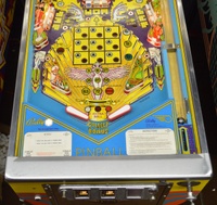 Image # 62282: Mystic Early Production Lower Playfield 
(The center blue drop target and the small black start button to the left of the coin door are not original to this game. Serial number EMY 1003.)