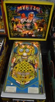Image # 62293: Mystic Early Production - Front View 
(The center blue drop target is not original to this game. We do not know why the lower pop bumper cap art is a different style. Serial number EMY 1003.)