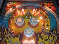 Image # 10507: Mystic Early Production Upper Playfield 
(This is from the game with serial number EMY1060, the 60th game produced. The center drop targets have the wrong design for this game.)