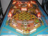 Image # 10508: Mystic Early Production Lower Playfield 
(This is from the game with serial number EMY1060, the 60th game produced. The center drop targets have the wrong design for this game.)