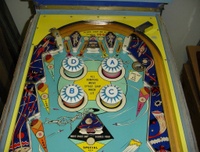 Image # 23061: On Beam Later Production Upper Playfield 
(Serial number 2214. Note: this game was produced with stationary targets in place of mushroom bumpers.)