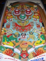 Image # 32640: Reserve Early Production Playfield 
(The background color is blue, the slingshot plastics have green, and several inserts are translucent, not tranparent. Serial number 57400.)