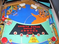 Image # 72402: Rocket III Early Production Lower Playfield - Downfield View 
(There is no left outlane kickback feature. Serial number RO 1091.)