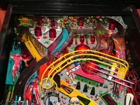 Image # 38881: Rollergames Upper Playfield 
(The rose-colored plastic above the green drop targets is not original to this game.)