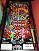 Image # 38887: Rollergames Playfield 
(The rose-colored plastic above the green drop targets is not original to this game.)