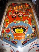 Image # 58003: Bazaar Playfield 
(Bally manufactured this game using white flippers with white rubbers on them.)