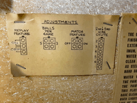 Image # 74644: Safari Early Production - Operator Adjustments Card 
(There is no Add-A Ball option, only Replay and Novelty. There is no 7 balls per game option. Serial number 1098.)