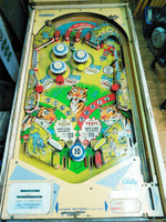 Image # 77357: Safari Early Production Playfield 
(The passive bumper between the flippers has the wrong bumper cap. Both flippers should be white. Serial number 1029.)