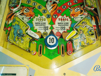 Image # 77360: Safari Early Production Lower Playfield 
(The passive bumper between the flippers has the wrong bumper cap. Both flippers should be white. Serial number 1029.)