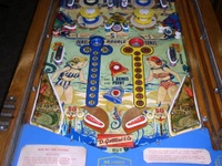 Image # 13625: Sea Belles Lower Playfield 
(Note that this playfield has had artwork added to it.  The gobble holes, lower side targets, pop bumpers rings, and upper ball arch have been modified.)