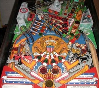 Image # 31658: Secret Service Lower Playfield 
(The two spinning targets do not match the game in the manufacturer's flyer. The bumper cap colors are reversed as well.)