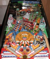 Image # 31652: Secret Service Playfield 
(The two spinning targets do not match the game in the manufacturer's flyer. The bumper cap colors are reversed as well.)