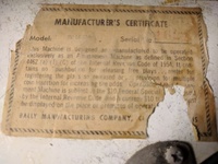 Image # 71195: Sheba Manufacturer's Certificate 
(Cabinet serial number is SH-1621.)