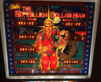 Image # 75799: The Six Million Dollar Man Early Production Illuminated Backglass 
(Serial number ESM1097.)