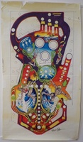 Image # 72354: Skateball Original Playfield Artwork 
(Artist is Kevin O'Connor.Magic markers on a blueprint paper.Dimensions are 22 1/2 inches by 41 inches.The artist had first inked the outlines then hand-colored a blueprint copy of the inked art using magic markers as a guide for the production artist (someone else) to cut the silkscreen masks.)