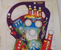 Image # 72355: Skateball Original Playfield Artwork 
(Artist is Kevin O'Connor.Magic markers on blueprint paper.Dimensions are 22 1/2 inches by 41 inches.The artist had first inked the outlines then hand-colored a blueprint copy of the inked art using magic markers as a guide for the production artist (Margaret Hudson) to cut the silkscreen masks.)