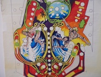 Image # 72356: Skateball Original Playfield Artwork 
(Artist is Kevin O'Connor.Magic markers on blueprint paper.Dimensions are 22 1/2 inches by 41 inches.The artist had first inked the outlines then hand-colored a blueprint copy of the inked art using magic markers as a guide for the production artist (Margaret Hudson) to cut the silkscreen masks.)