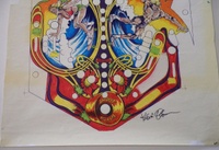 Image # 72357: Skateball Original Playfield Artwork 
(Artist is Kevin O'Connor.Magic markers on blueprint paper.Dimensions are 22 1/2 inches by 41 inches.The artist had first inked the outlines then hand-colored a blueprint copy of the inked art using magic markers as a guide for the production artist (Margaret Hudson) to cut the silkscreen masks.)