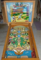Image # 48762: Sluggin' Champ 'Deluxe' Cabinet - Front View 
(All plastic parts on this playfield are reproduction, as is the blue tray liner, but we show this image to present the playfield art and cabinet design.)