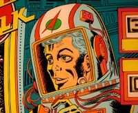 Image # 25347: Space Walk Unbranded Backglass - Detail 
(This backglass (source unknown) lacks the GOTTLIEB name and trademark but appears otherwise identical.)