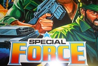 Image # 71176: Special Force Original Backglass Artwork - Detail 
(Artist is Tony Ramunni. Watercolor on posterboard.Dimensions 24 1/2 inches by 25 1/2 inches. Metal frame is 30 1/2 by 32 inches.)